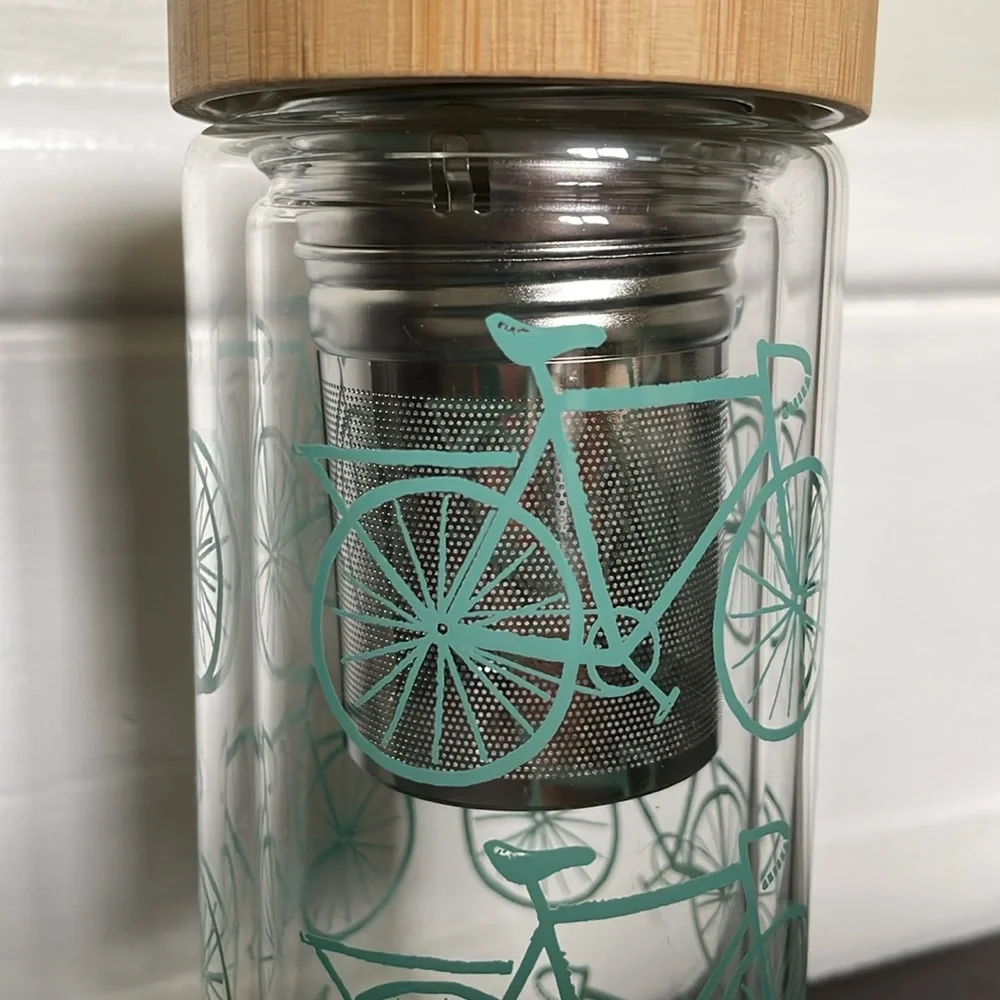 Kitchen Kaboodle Glass Tea Infuser Bamboo Lid Bottle With Printed Teal Bicycles